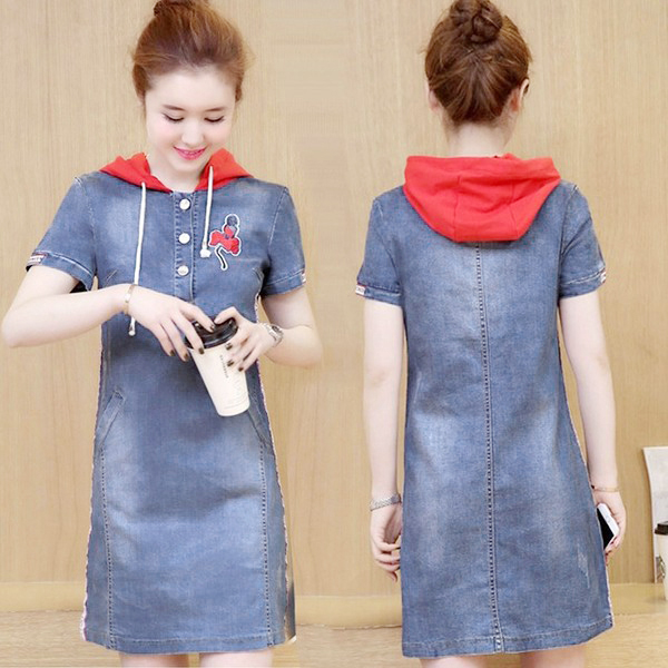 ĐẦM JEAN SUÔNG PHỐI NÓN ĐỎ VIỀN DỌC THÂN